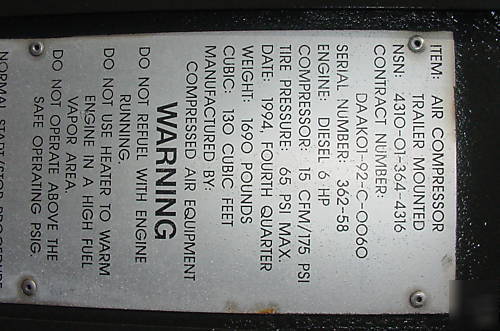 Portable diesel air compressor 175 psi 4310-01-364-4316