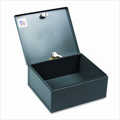 Heavy-duty steel strong box with tumbler lock, gray