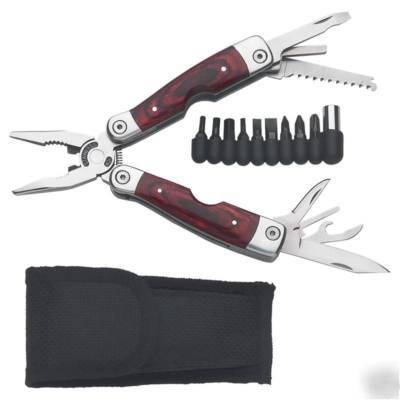 Wood handle s. steel multi-tool with bits and sheath