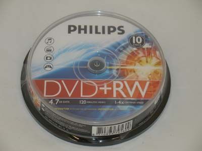 10 philips dvd+rw 4X 4.7GB dvd rewritable discs 120MIN