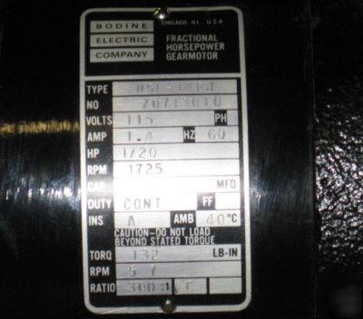 New - bodine .05HP type NS1-34RJ gearmotor Z0713010