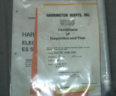 3 ton harrington electric hoist model ES030 100 ft lift