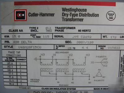 15 kva transformer pri 480V sec 208Y/120 3 ph dry type