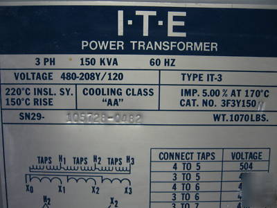 Ite 150 kva transformer 480V 208Y/120 dry type 3F3Y150