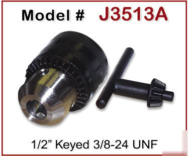 Drill chuck 1/2 inch keyed 3/8 x 24 mount J3513A