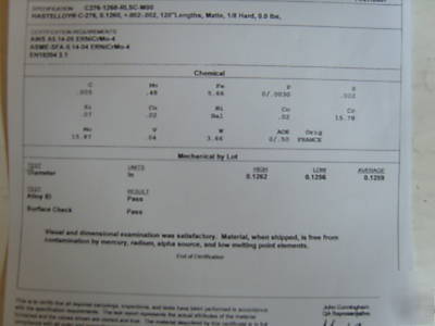 Hastelloy c 276 round bar 12 mm diameter (inconel)