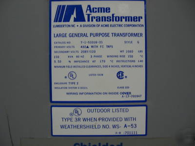 150 kva transformer pri 480V sec 208Y/120 3 ph dry type