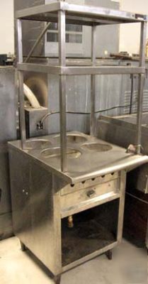 Four pot steam table w/ overhead shelves 