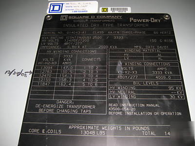 Square d transformer 2500/3333 kva 12470/7200 480/277