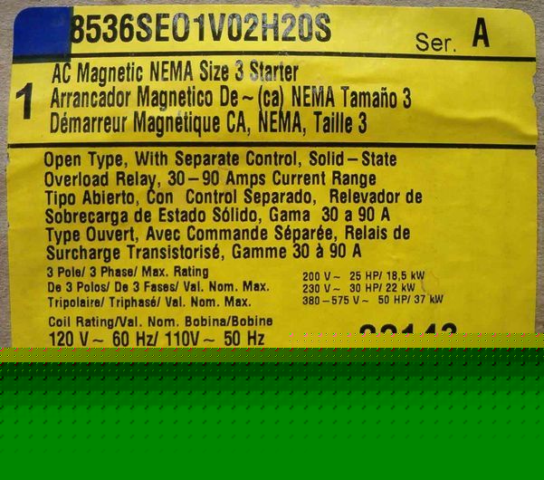 Square d 8536SE01V02H20S magnetic nema size 3 starter