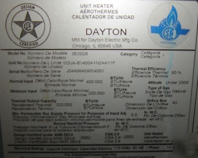 Dayton 400,000 btu unit heater ready to hook up