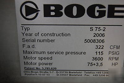 2006 boge S75-2 75HP air compressor 322CFM 115PSIG mint