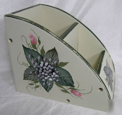Hand painted flower wooden desk organizer roses green