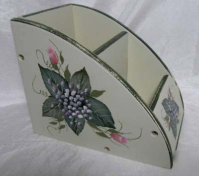Hand painted flower wooden desk organizer roses green