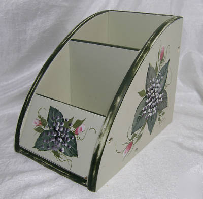 Hand painted flower wooden desk organizer roses green