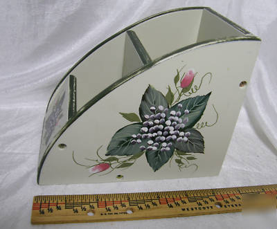Hand painted flower wooden desk organizer roses green