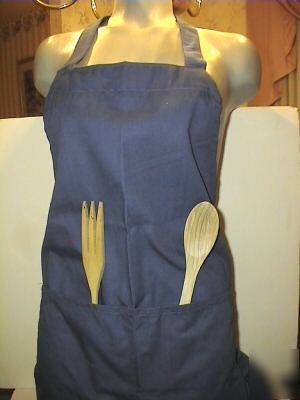 New blue kitchen apron-restaurant pockets bib cotton- 