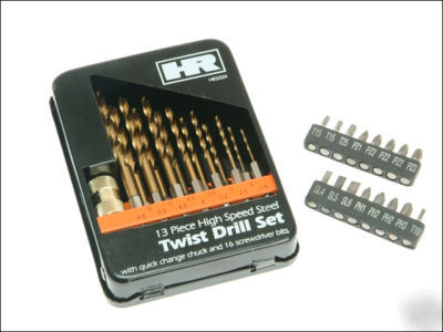 Hr 13 piece hss hexagon end drill bit set + 16 bits