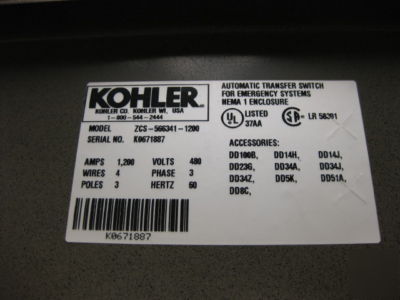 New kohler zenith 1200 amp automatic transfer switch - 