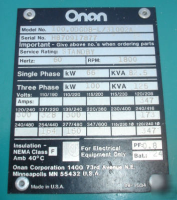 100KW cummins / onan diesel generator