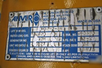 820 lbs anver 2 pad vacuum sheet lifter