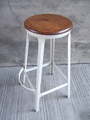 #12 vtg.oak, metal industrial drafting stool w/footrest