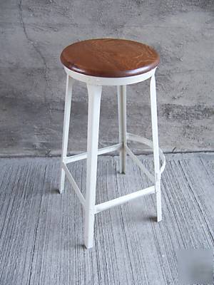 #12 vtg.oak, metal industrial drafting stool w/footrest