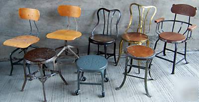 #12 vtg.oak, metal industrial drafting stool w/footrest
