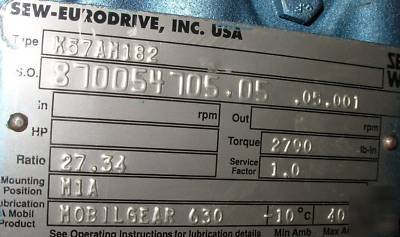 Sew-eurodrive helical bevel gear reducer K57 27.34:1 