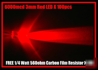3MM red led 6000MCD plus free resistors x 100PCS