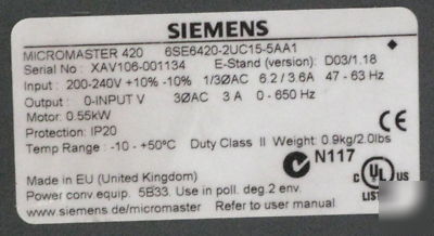 Siemens micromaster 420 frequency inverter 0.55KW 240 v