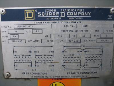 Square d transformer 15 kva 240 x 480 120/240 15KVA 1PH