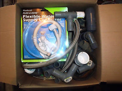 Box of plumbing supplies,sink hook ups, fernco, fitting