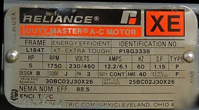 New reliance 5 hp 1750 rpm 3 phase motor surplus