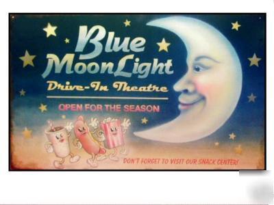 New blue moon drive in sign featuring dancing snacks