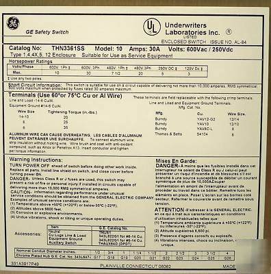 Ge stainless 30 amp disconnect safety switch THN3361SS