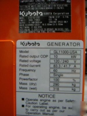 Kubota self contained 11KW diesel generator