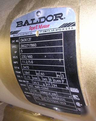 New baldor EM3613T ac motor, 5HP, 3 phase, surplus 
